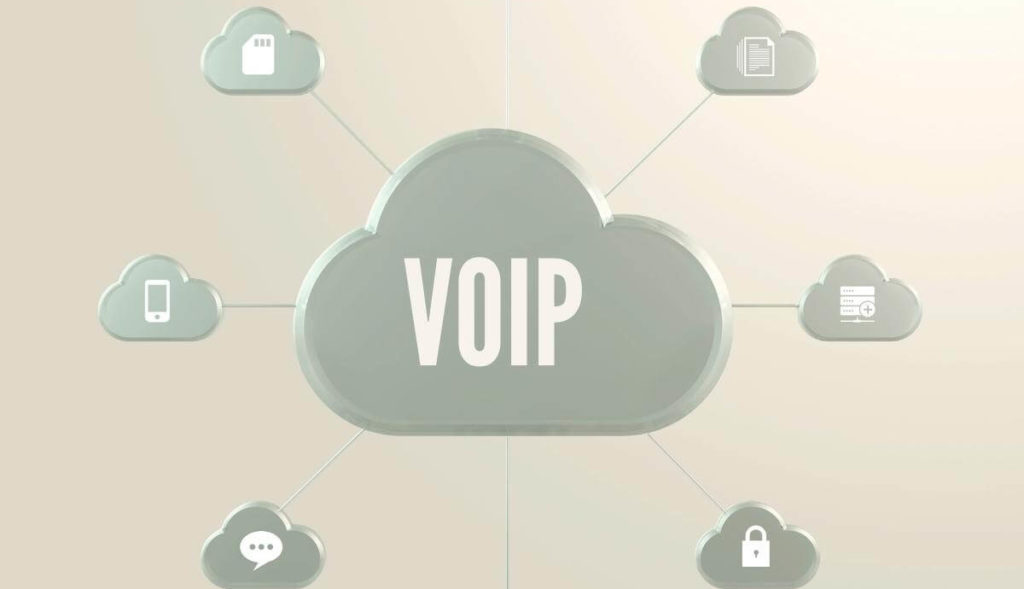 VoIP Technology concept, cloud holding icons representing the many things accomplished using VoIP such as mobile application, storage, messaging and more.