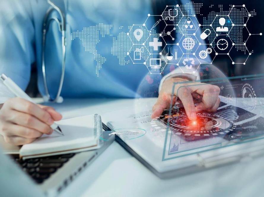 BPO services for healthcare - Medical doctor working on virtual interface icons of healthcare applications