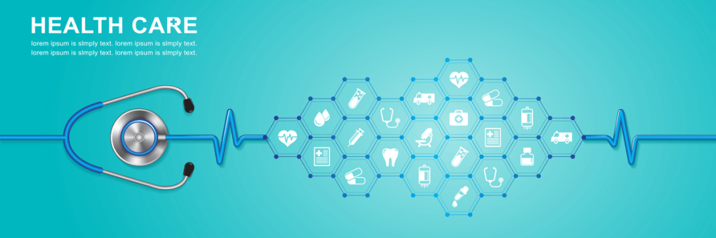 Types of Healthcare Services - stethoscope and heartbeat flat icons in medicine, medical, health, cross, healthcare