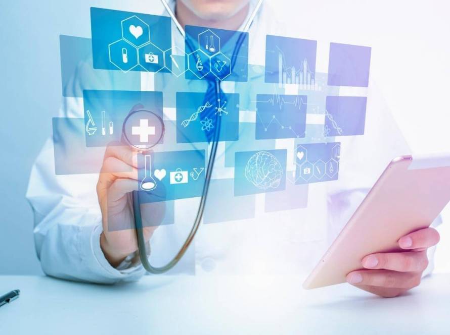 Medical coding services - Close up of doctor showing medical analytic data, medical technology concept