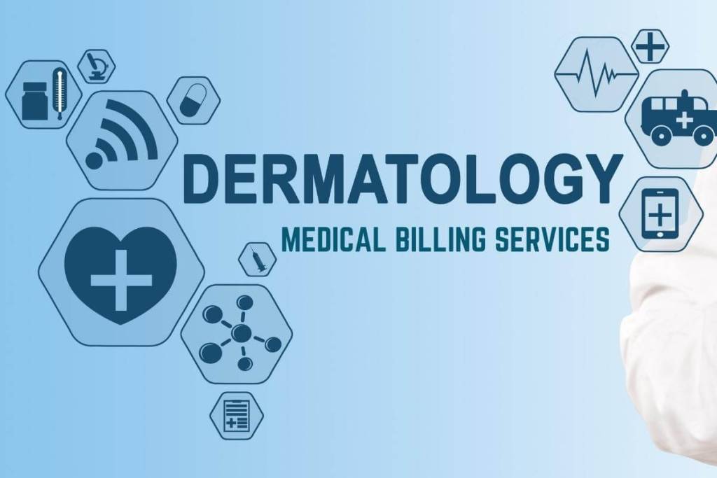 What Is Dermatology Medical Billing Outsourcing - Dermatology concept, touch screen, icons showing different services that can be outsourced in a dermatology clinic. 