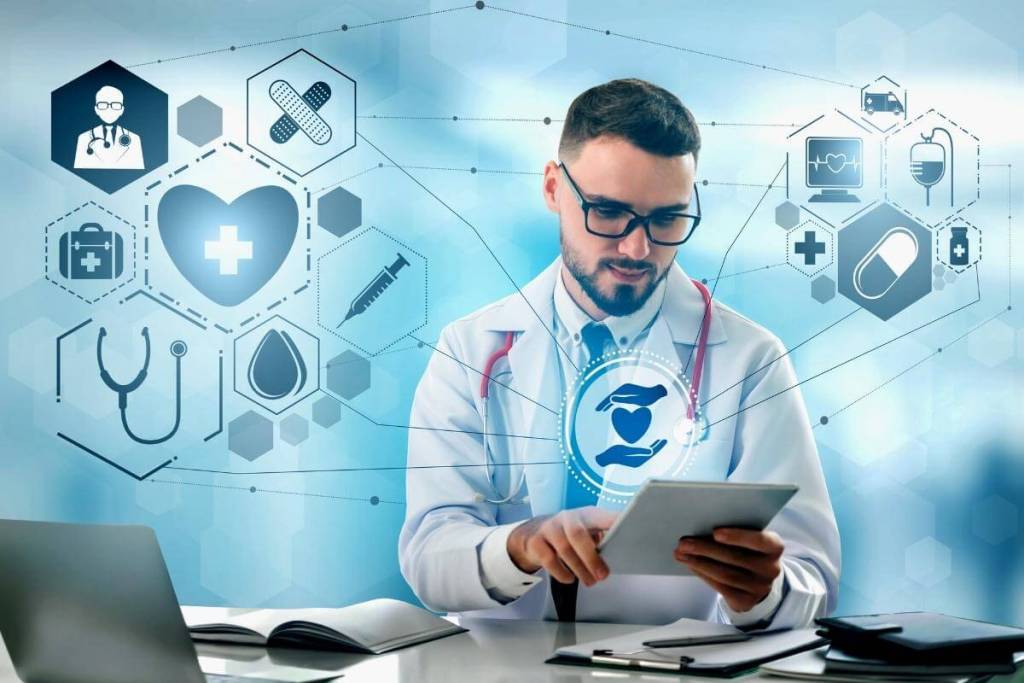 What Is Healthcare BPO_Healthcare BPO concept, medical services, doctor using tablet to enter information. Internet, healthcare technology, medical processes.