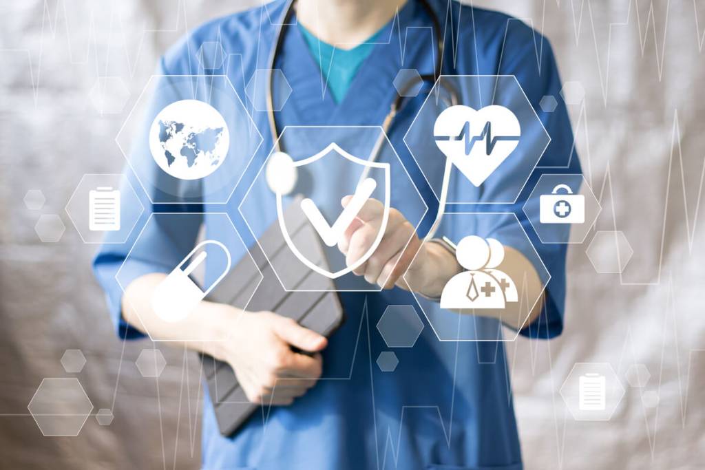 Doctor pushing button security shield virus virtual healthcare network.
