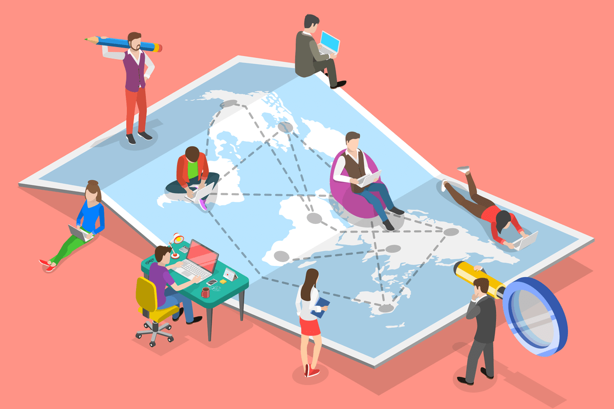Isometric flat vector concept of global outsourcing, company remote management, distributed team,