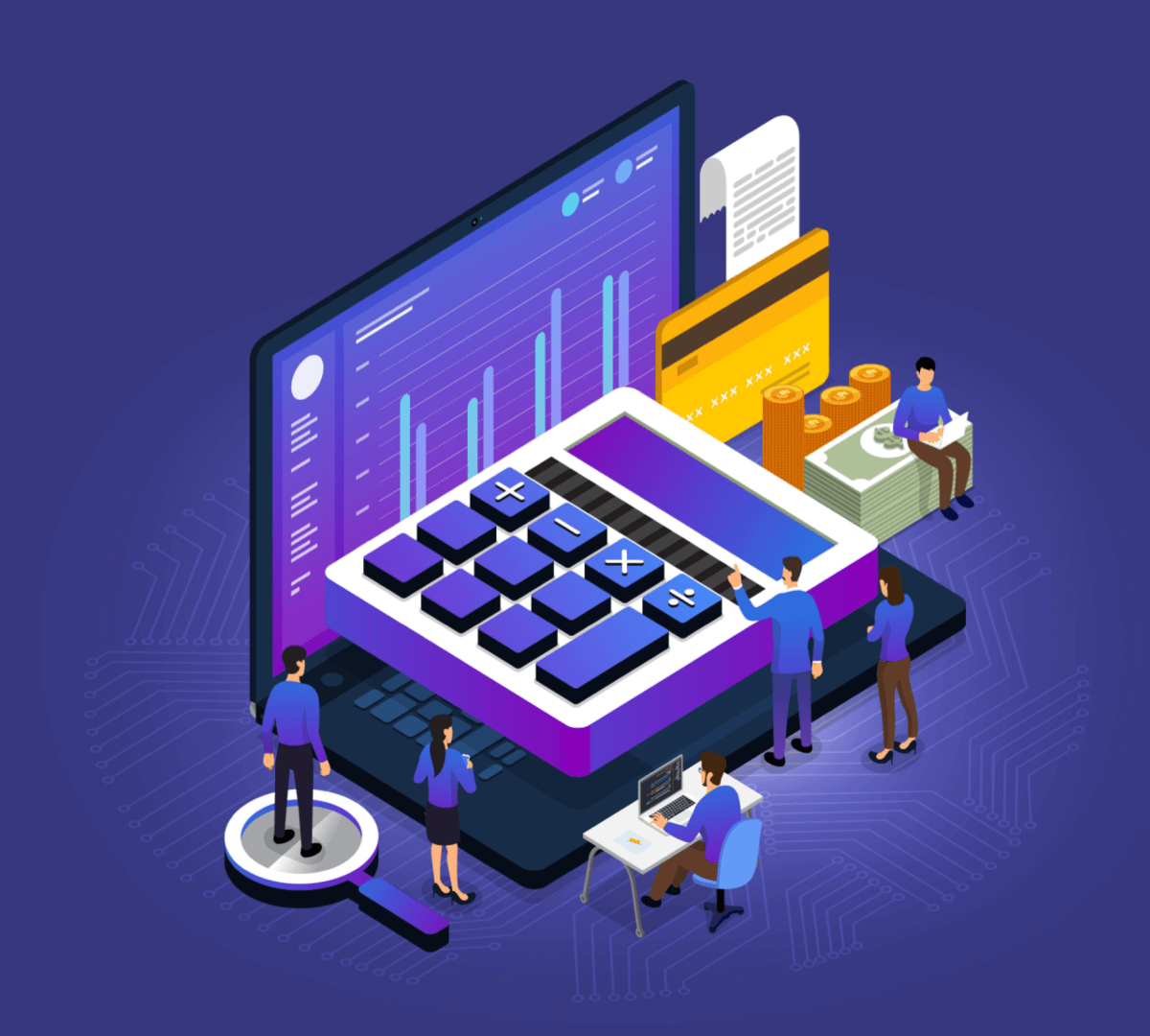 Business concept teamwork of peoples working development isometric financial business via calculator and money. 