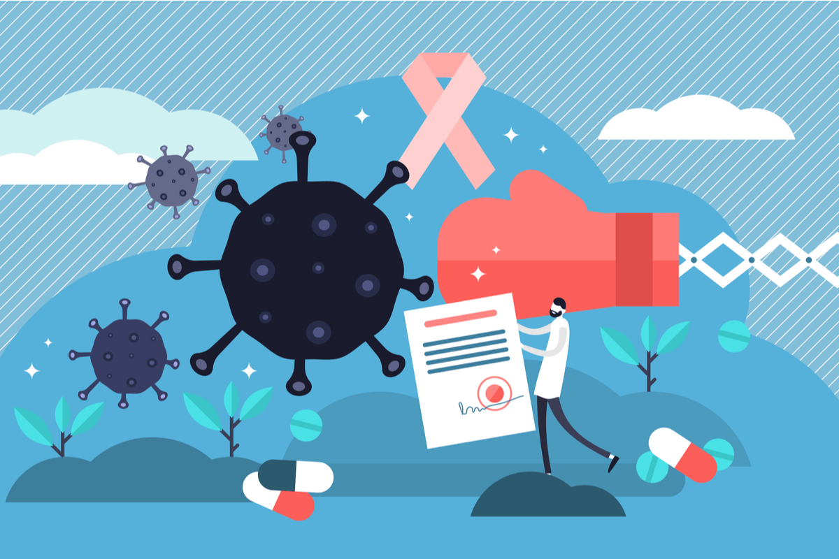 Oncology Medical Billing Trends_Oncology vector illustration. Flat tiny cancer disease research persons concept. Abstract symbolic fight against illness with pharmacy pills and medicine. Radiology diagnosis and sickness therapy.