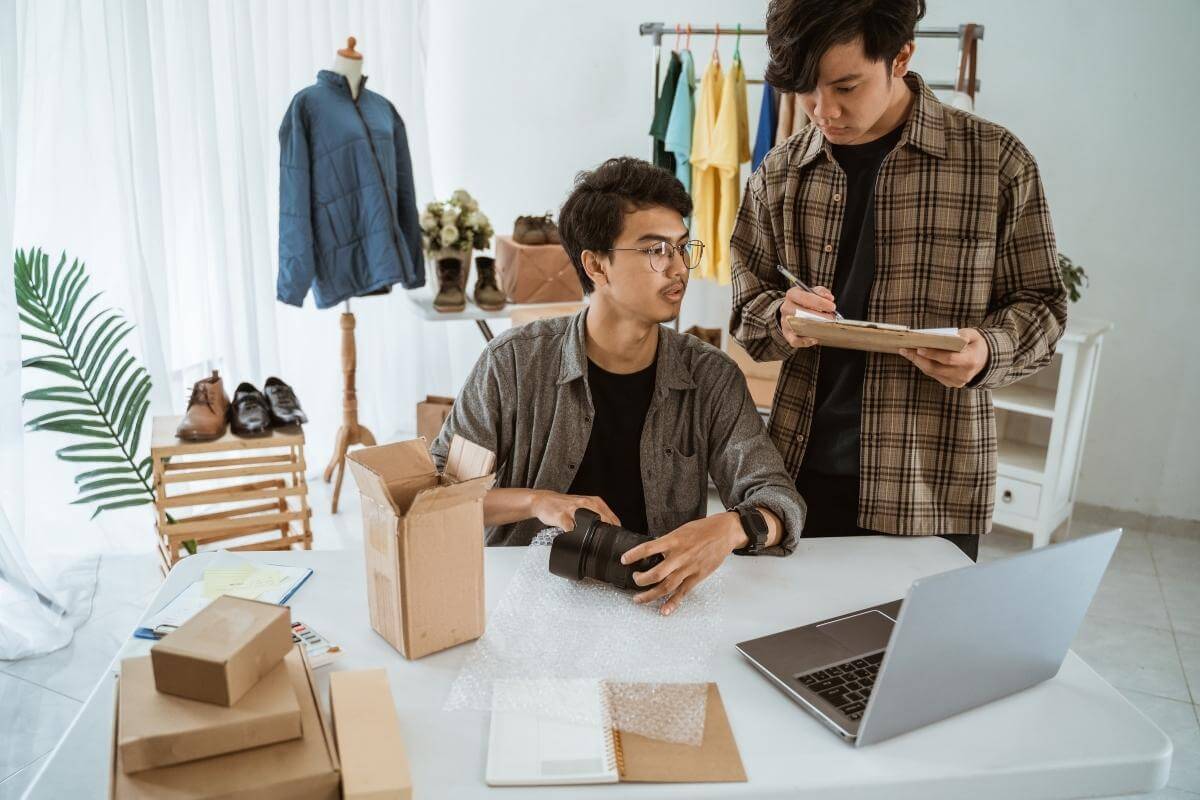 Two young businessman sorting out boxes and products for online shop. 