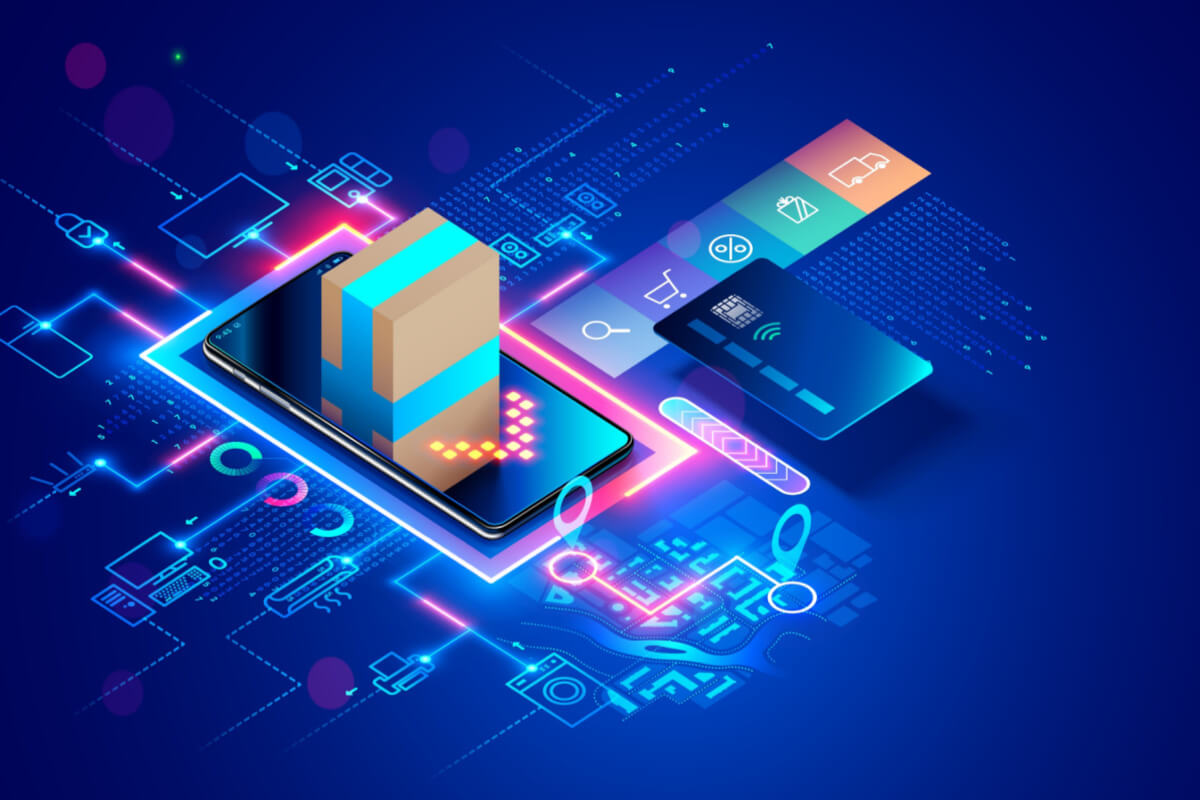 What ecommerce customer service - Shopping online. Internet shop in web on mobile phone. Online store service on smartphone browser with Icons of product. Payment, delivery of order from Internet marketplace. Concept e-commerce.