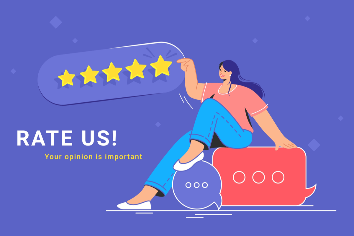 Benefits of Having a Call Center for Ecommerce- Consumer review and 5 stars rating. Flat vecor illustration of smiling woman sitting on speech bubbles and pointing to five stars as a rating result. Customer feedback and positive rating for goods