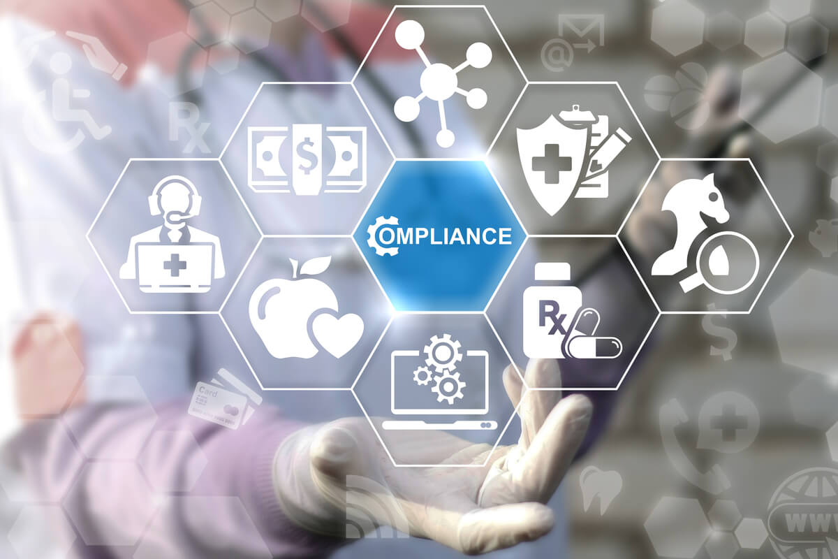 Healthcare Compliance and dermatology procedure codes. Medicine observation service concept. Doctor offers icon compliance gear on virtual screen. Medical governance modernization healthy strategy technology