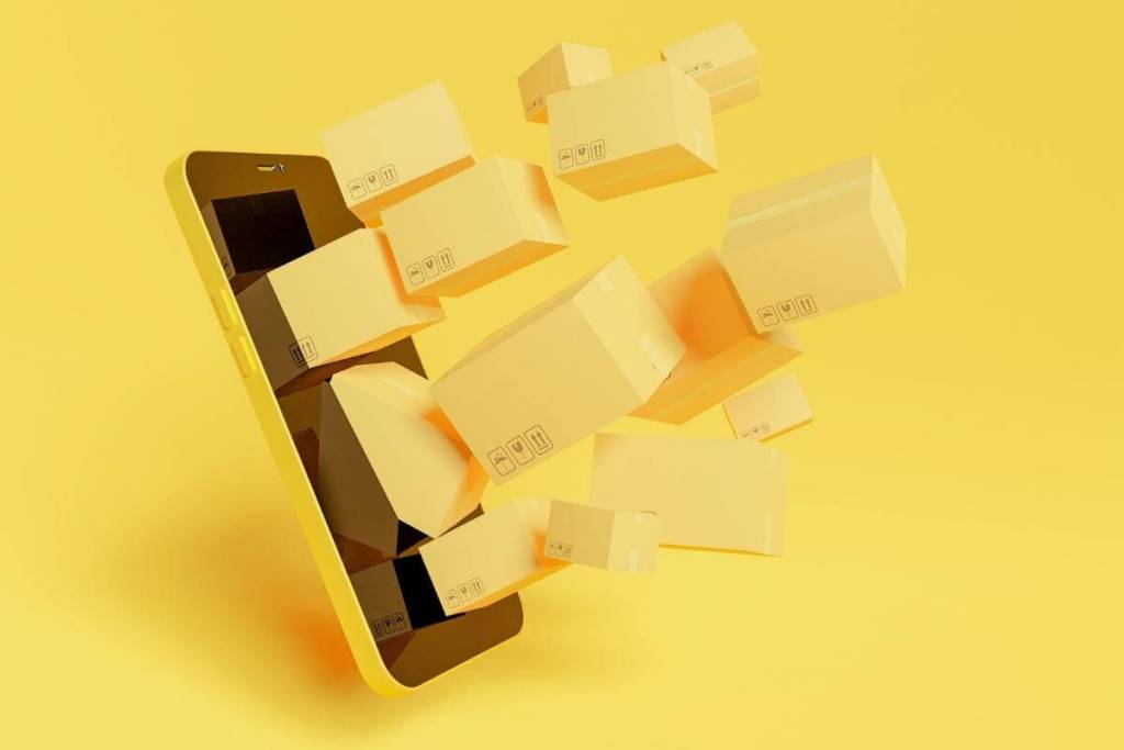 Customer Service E-commerce - Ecommerce concept - mobile phone with lots of delivery boxes coming out of its screen.