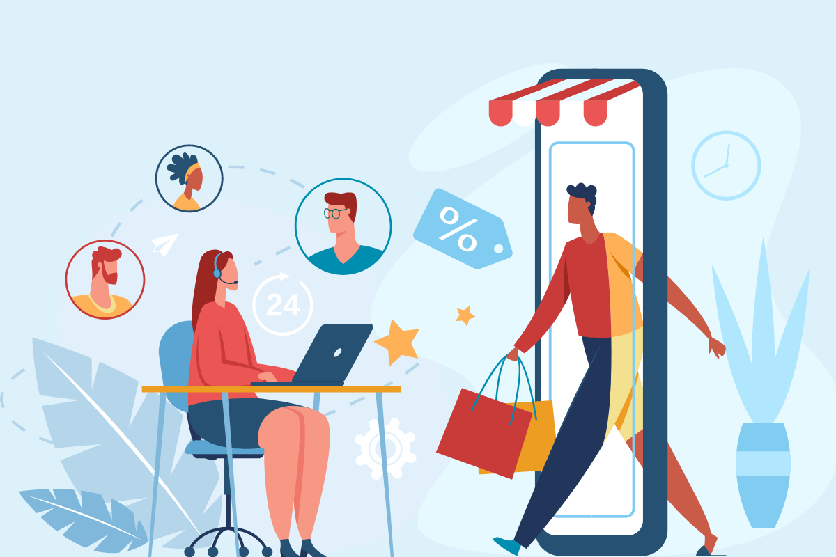 Ecommerce customer service concept image of man walking out of a virtual store
