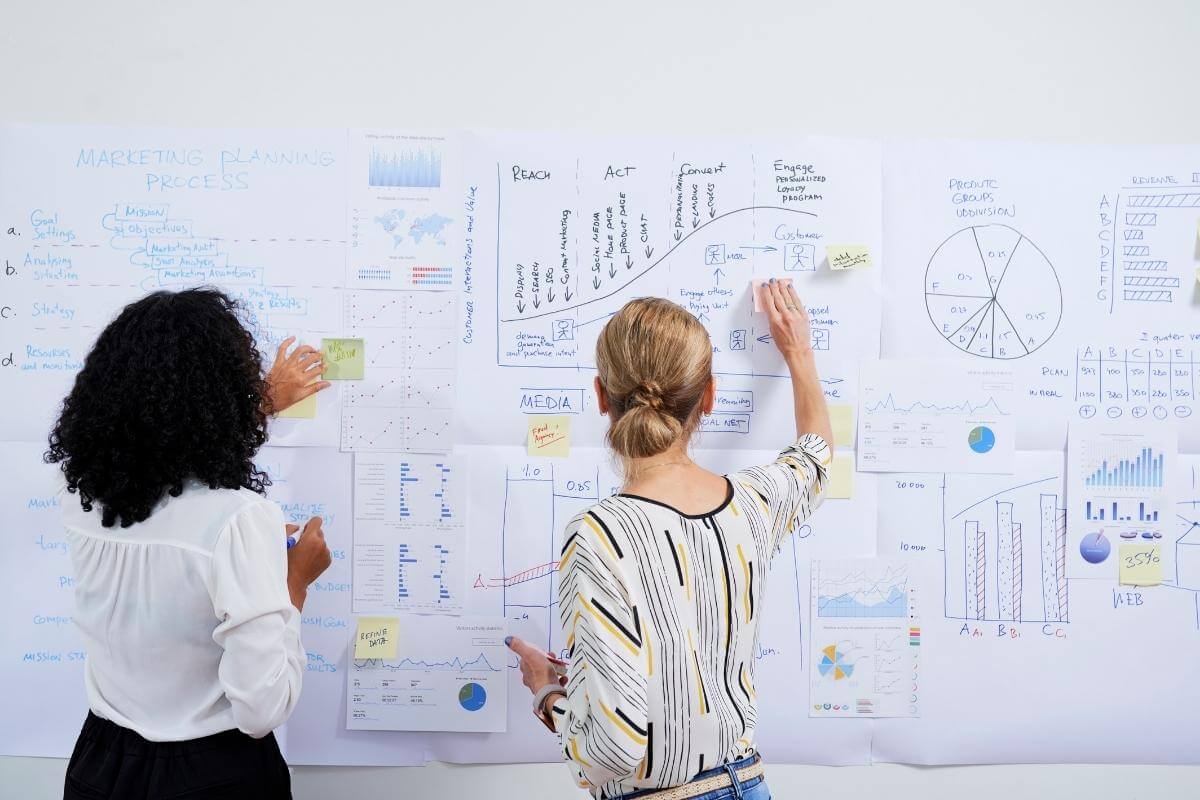 Rear view of female business executives analyzing charts and business strategy