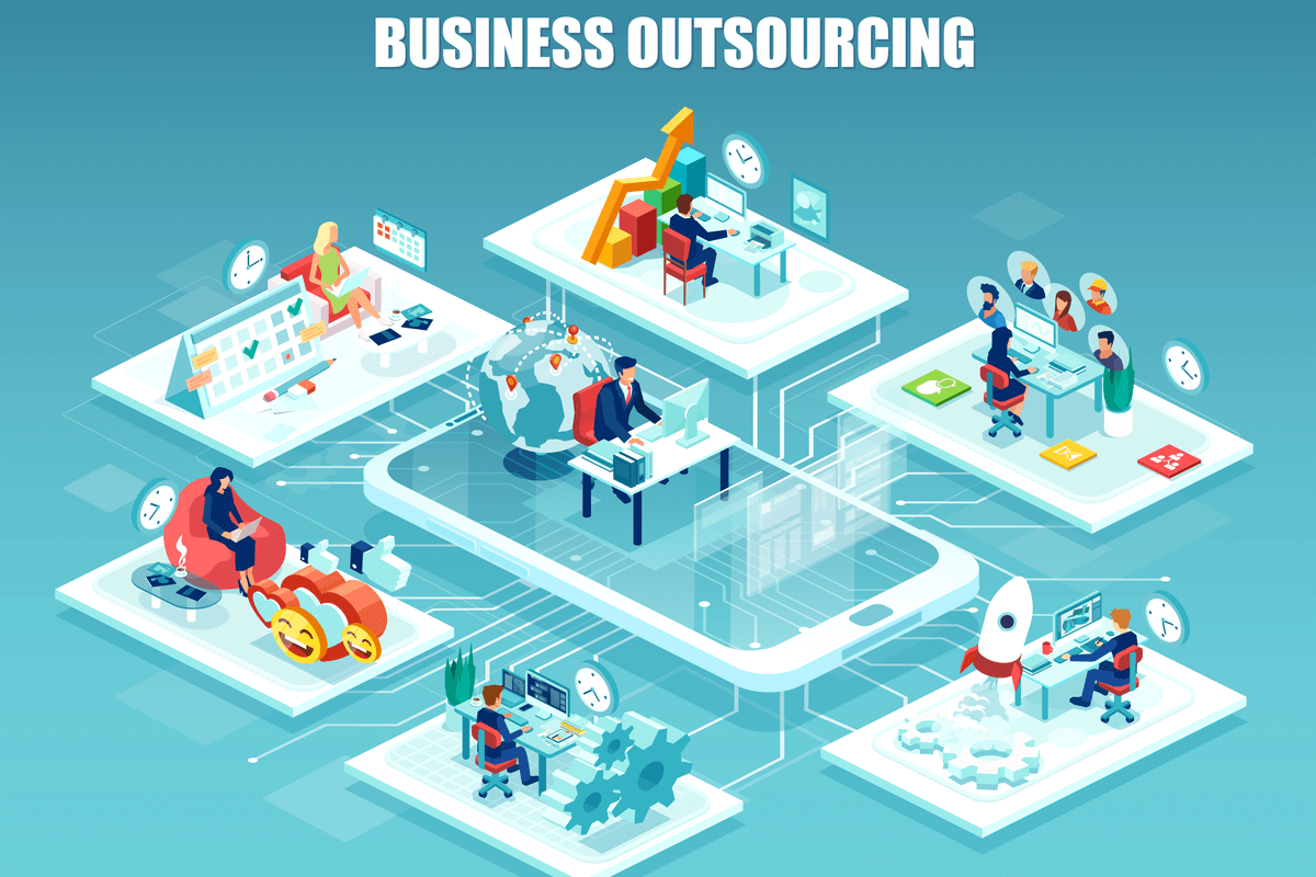 Global outsourcing, distributed team, freelance job.concept. Vector of company employee working in different offices managed remotely by a leader.