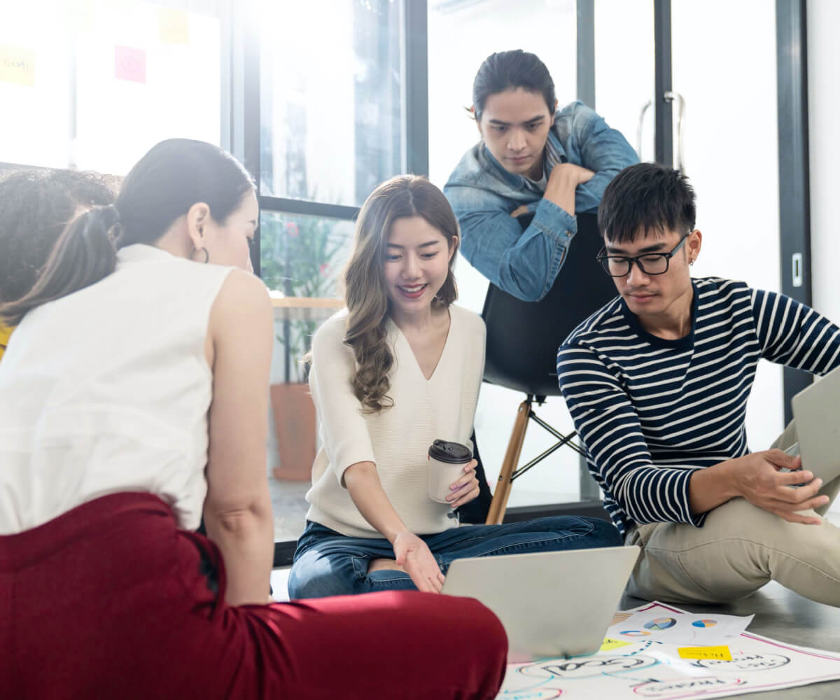 Asian business employee team brainstorming and workshop at meeting room modern workplace.Happy asian group thinking and working together with startup project.