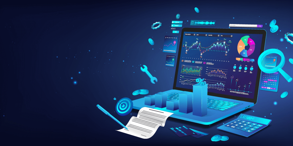 Business dashboard finance management on 3D laptop with aspects business analysis and analytics online through the app. Investment, trade and finance management with infographics.