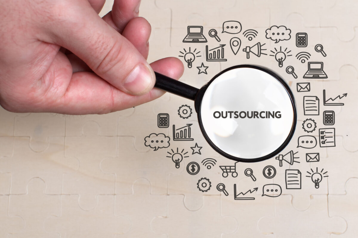 The future of BPO industry- Business, technology, internet and network concept. Young businessman thinks over the steps for successful growth: Outsourcing