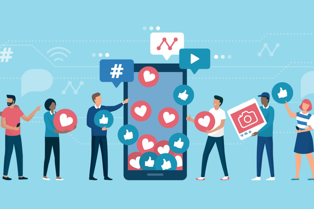 Increase your social media followers with successful marketing strategies: people bringing likes and reactions to a social media profile on a smartphone