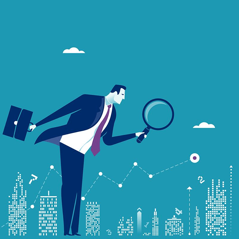 Businessman holding a magnifying glass looking for a service partner concept