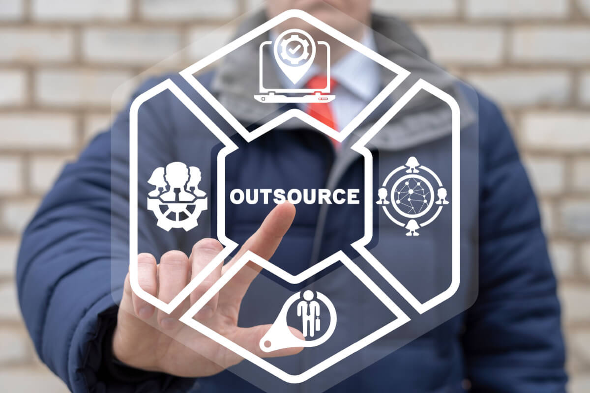 Concept of outsourcing. Outsource International Hiring Service Freelance Workforce Partnership Business Work.