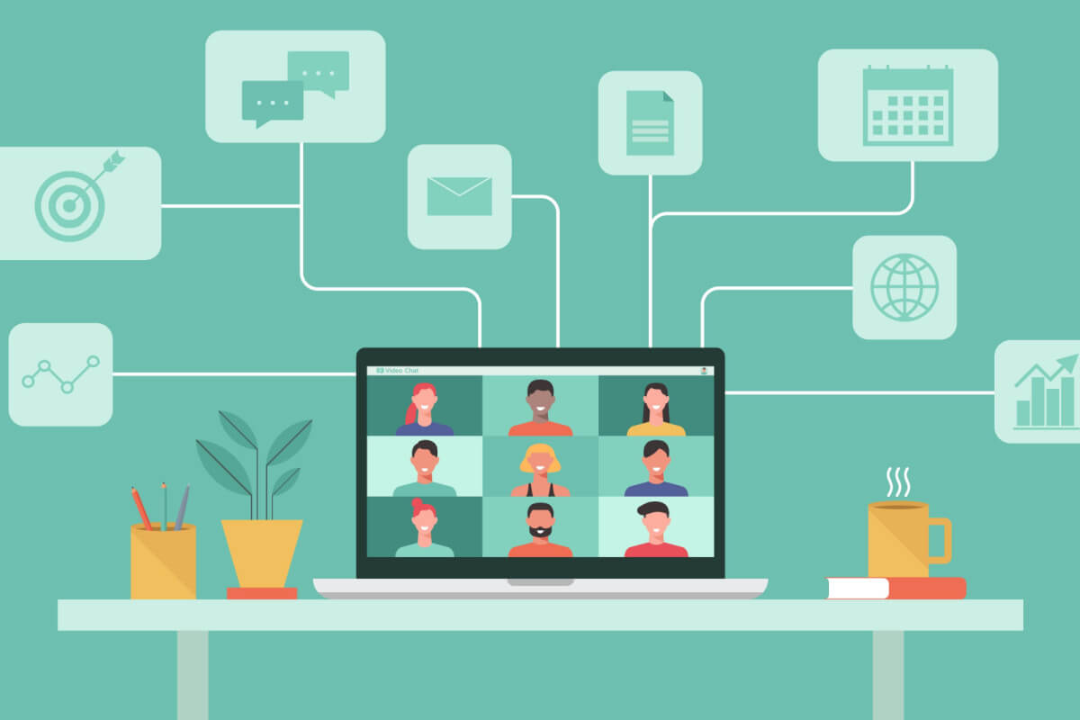people connecting together, learning or meeting online with teleconference, video conference remote working concept, work from home and work from anywhere