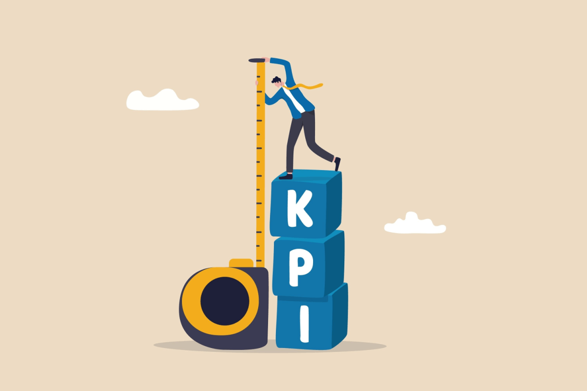 KPI, key performance indicator measurement to evaluate success or meet target, metric or data to review and improve business concept, businessman standing on top of KPI box measuring performance.