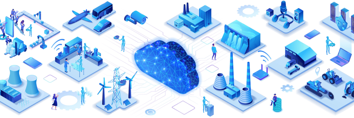 The CCaaS Market and Its Continued Growth_Industrial internet of things infographic horizontal banner, blue neon concept with factory, electric power station, cloud 3d isometric icon, smart transport system, mining machines, data protection