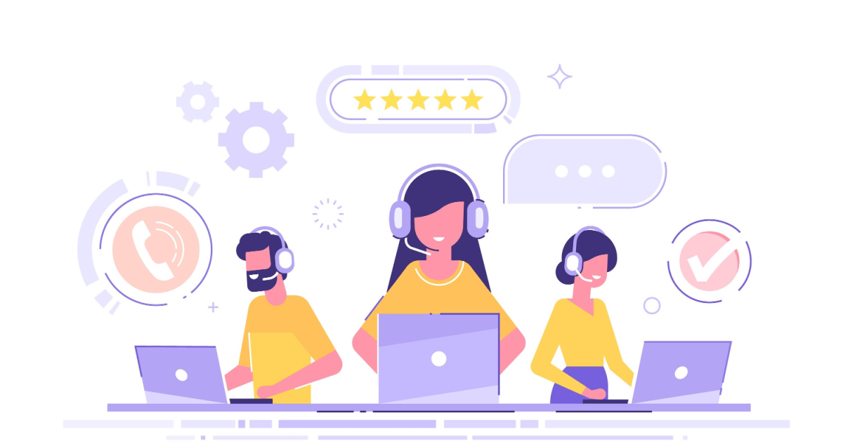 Smiling office operators with headsets characters. Customer service, hotline operators, technical global support, customer support department staff. 